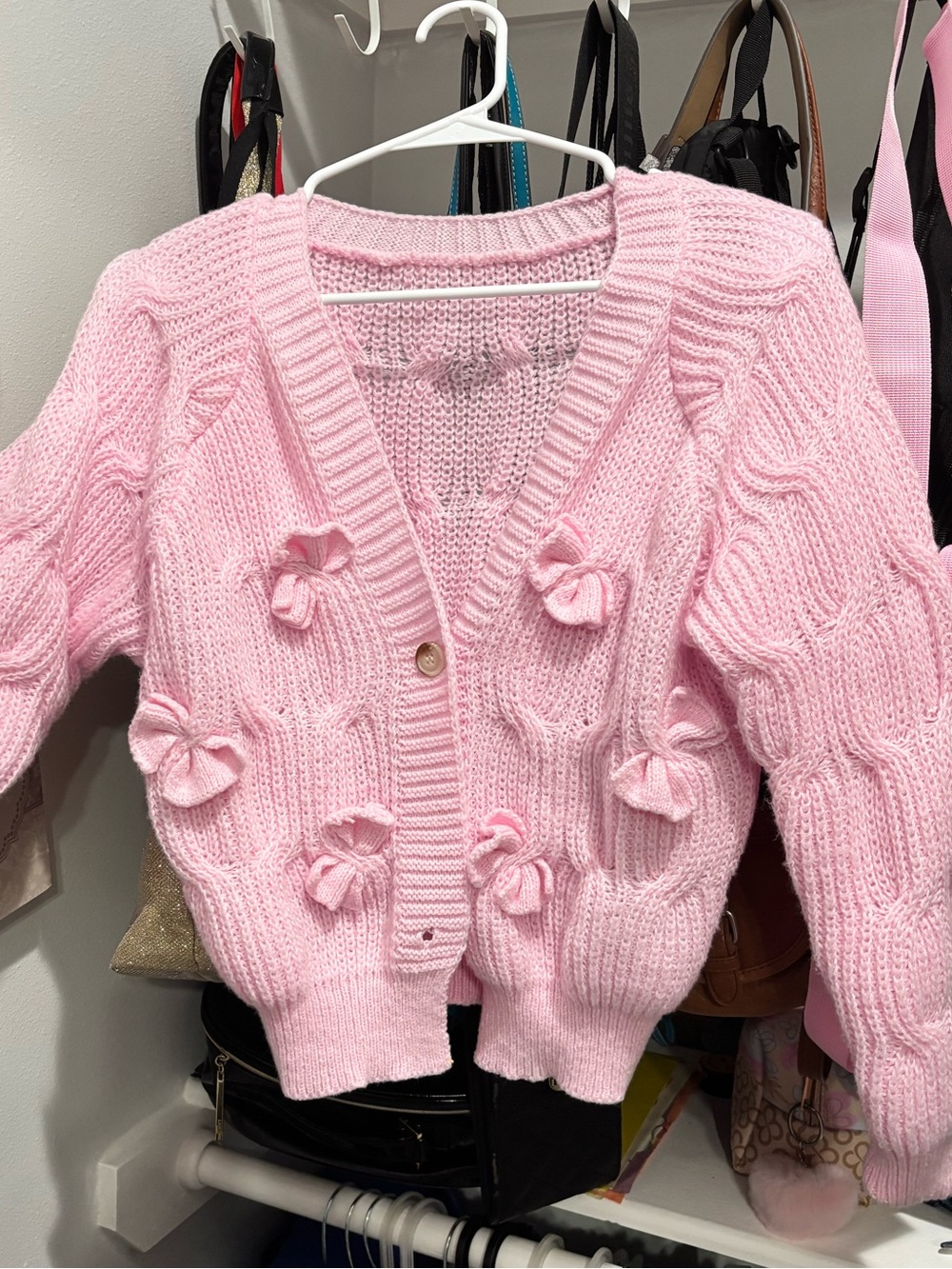SHEIN Pink Bow-Applique V-Neck Knit Cardigan